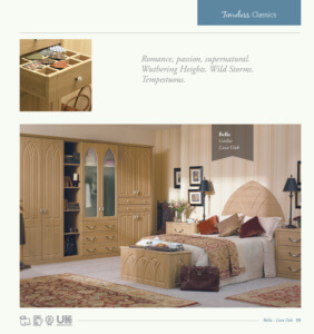 A cozy bedroom with a large bed featuring a carved wooden headboard, surrounded by matching furniture. The room is decorated with warm, neutral tones and framed pictures on the walls. A chandelier hangs above, enhancing the elegant ambiance.