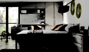 Modern bedroom with a single bed, gray and orange bedding, and a desk with a chair. A fan sits on the wooden floor, and a large window lets in natural light. Shelves and cabinets provide storage, and round yellow wall decorations add color.