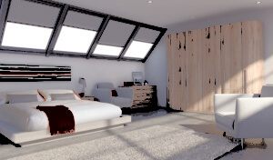 Modern bedroom with a large bed, white and red bedding, and two grey armchairs. The room features slanted skylight windows, a wooden wardrobe, and a dresser. A contemporary painting hangs above the bed, and a light grey rug covers the floor.