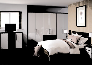 A modern bedroom with a large bed, white bedding, and a wooden frame. Theres a series of white wardrobes with wooden accents, a flat-screen TV on a cabinet, bedside tables with lamps, and a framed picture above the bed against a lightly textured wall.