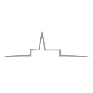 A minimalistic gray outline of a mosque with two horizontal lines extending from the base and a central minaret reaching up. The design is set against a plain white background.